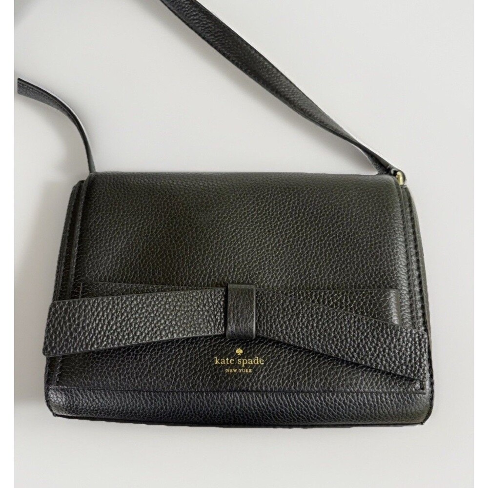 Kate Spade New York Black Pebbled Leather Bow Small Crossbody Bag Purse